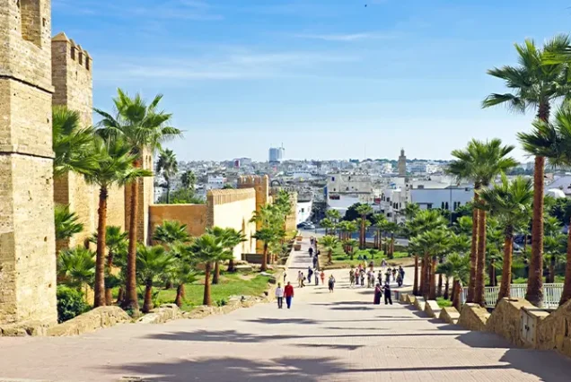 The Kasbah of the Udayas in Rabat, Morocco, a fortified medieval fortress overlooking the Bou Regreg River, with scenic views and historic charm.