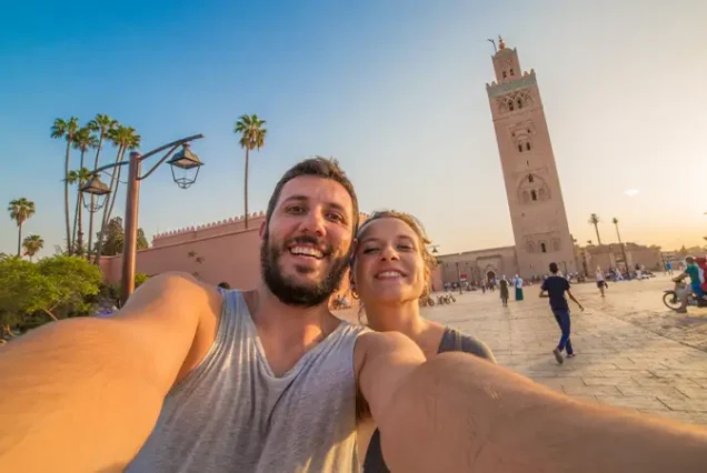 The iconic Koutoubia Minaret towering over Marrakech, a symbol of the city’s rich history and stunning Islamic architecture.