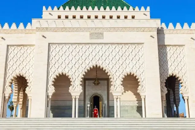 The Mausoleum of Mohammed V, a beautiful white marble structure in Rabat, Morocco, resting place of the former king, with traditional Moroccan design.