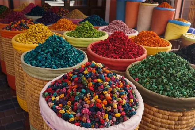 Colorful spices and herbs displayed at a local market in Marrakech, Morocco, offering a sensory experience of traditional Moroccan shopping.