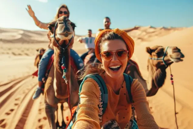 Tourist enjoying a luxury camel ride through the Merzouga Desert dunes, an iconic experience on a luxury Morocco tour.